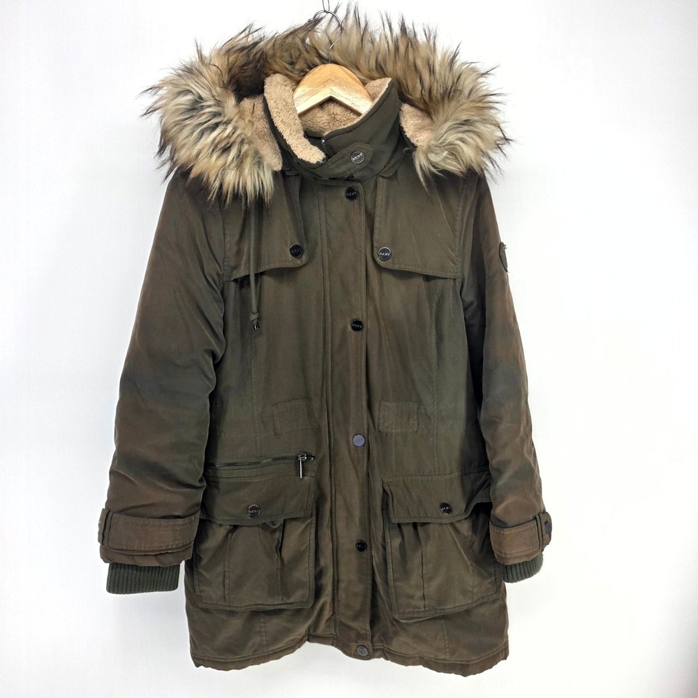 DKNY Parka Jacket Womens Medium Olive Green Faux Fur Hood Winter Coat Utility